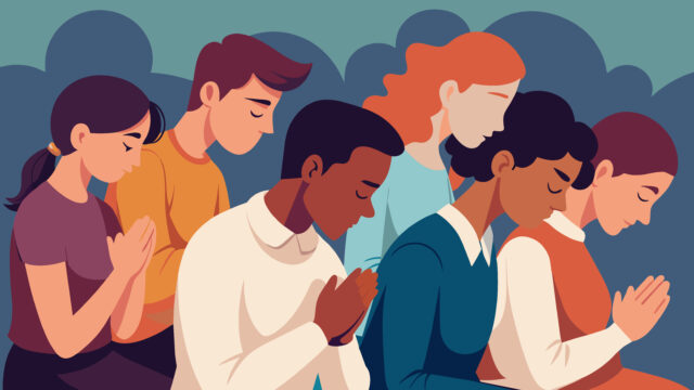 A group of young adults sat in the back their heads bowed in silent prayer their faces painted with a mix of contemplation and devotion.. Vector illustration.