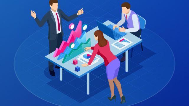 Isometric concept for business teamwork and digital marketing, creative innovation. Web banner flat design of promotion of business online, the takeoff rating of the work, ideas. Vector illustration