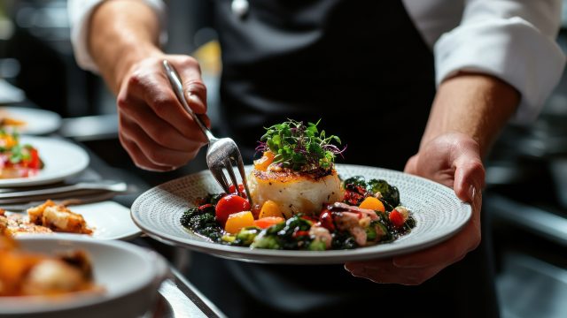 Chef plating gourmet seafood dish with vegetables.