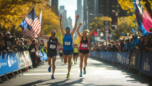 Marathon runners cross the finish line with cheering crowds.