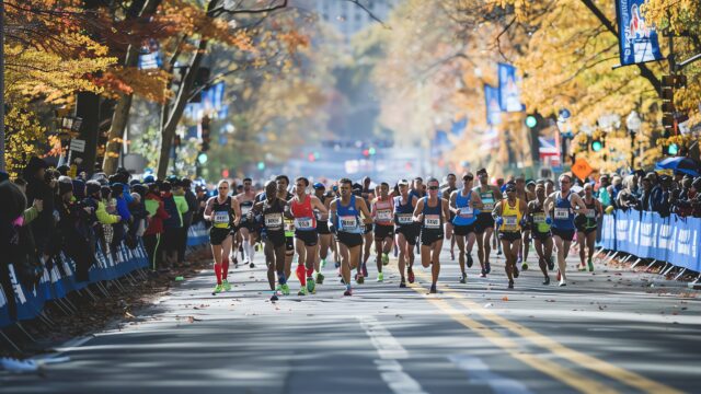 Marathon runners race down a street lined with spectators.