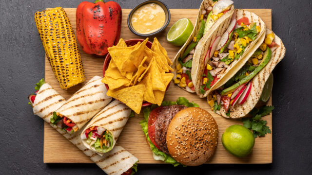 Mexican food featuring tacos, burritos, nachos, burgers